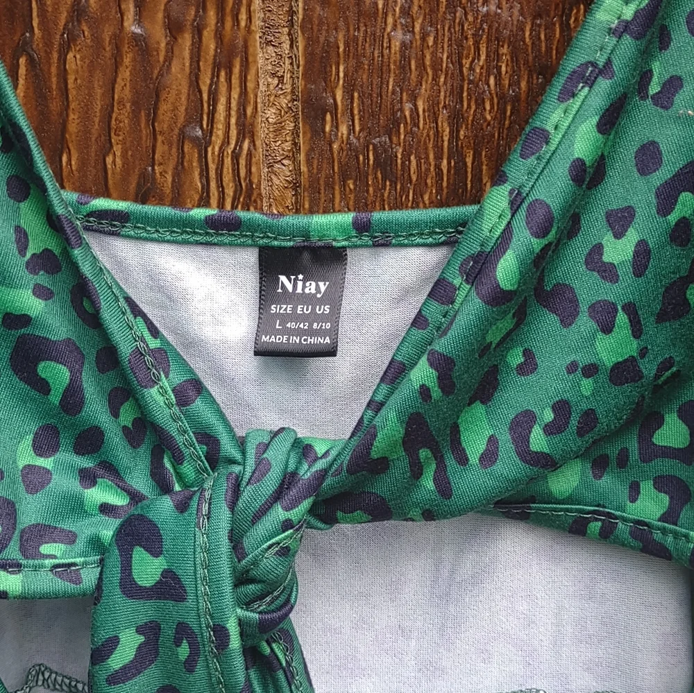 Niay Green Leopard Print Midi Dress Size L - Picture 3 of 3